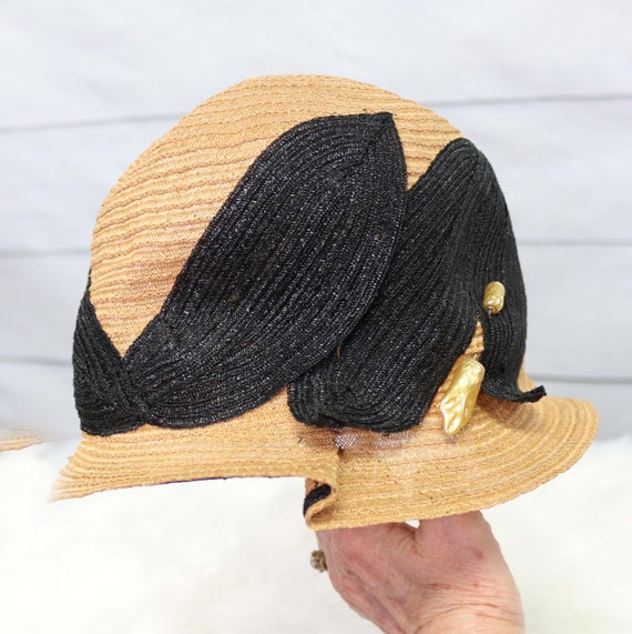 Natural Straw and Black Straw 1920’s Cloche Hat, … - image 1