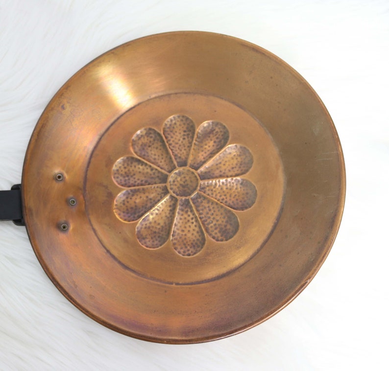 Hammered Copper Pan With Wrought Iron Handle, Roasting Pan, Flower Design, Roasting Chestnuts