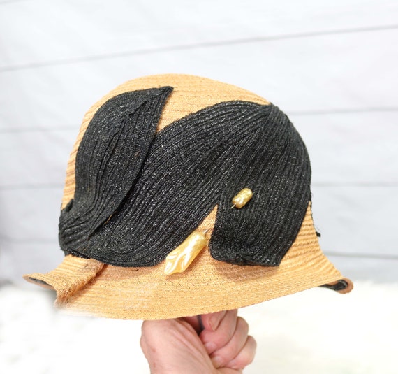 Natural Straw and Black Straw 1920’s Cloche Hat, … - image 6