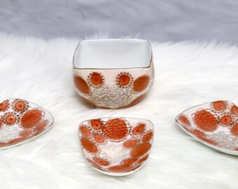 Fujita Kutani Japanese Ceramic Soup Bowl Set, Orange Floral Dishes