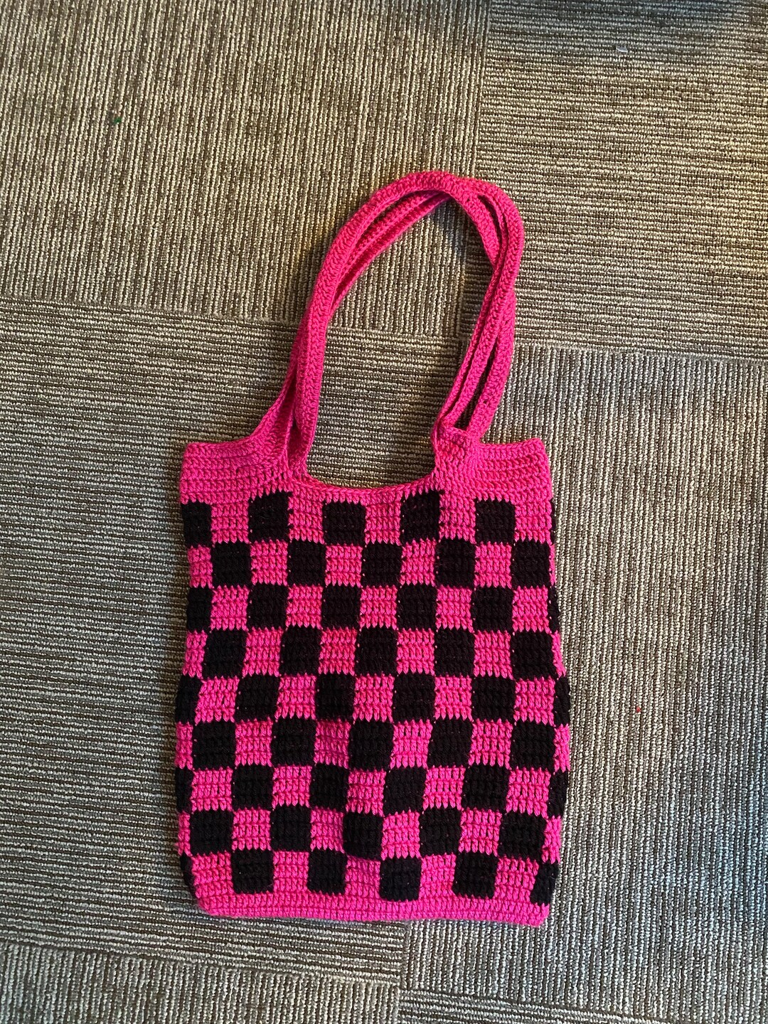 Custom Checkered Crochet Tote Bag With or Without Pockets Crochet Tote Bag Etsy
