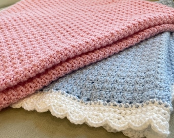 Adorable Handmade Crocheted Baby Blanket Pink and Blue