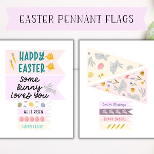 Può includere: Due bandierine pasquali con colori pastello e illustrazioni a tema pasquale. Una bandiera ha il testo "Happy Easter" e "Some Bunny Loves You". L'altra bandiera ha il testo "Easter Blessings" e "Bunny Snacks".