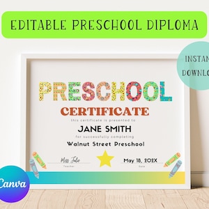 Certificado de Graduación de Preescolar Editable / Diploma de Preescolar / Graduación de Preescolar / Diploma de Graduación / Graduado de Preescolar / Graduado de Pre K