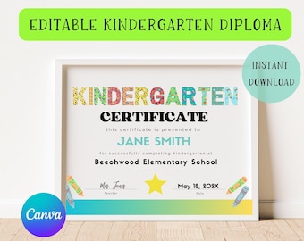 Editable Kindergarten Graduation Certificate | Kindergarten Diploma | Graduation Diploma | Kindergarten Grad | Printable Diploma