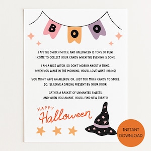 May include: A Halloween-themed printable featuring a banner with the word "BOO", stars, and a witch's hat. The text reads "I am the Switch Witch..." and offers a candy exchange. An orange circle says "Instant Download".