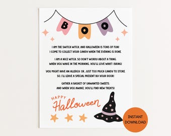Carta imprimible de la bruja del interruptor, bruja del interruptor de Halloween, tradición de la bruja del interruptor, Halloween para niños, historia de la bruja del interruptor, alergia alimentaria de Halloween
