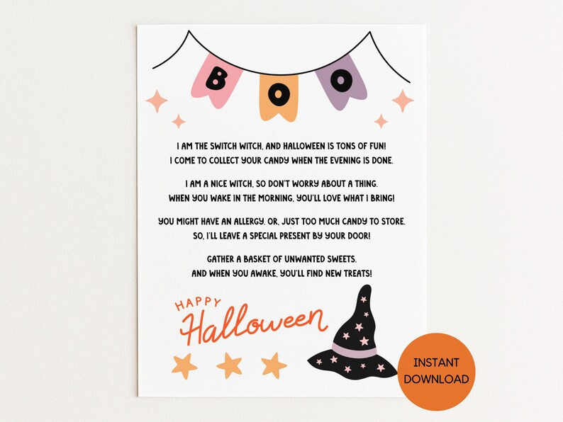 Halloween Switch Witch printable for kids. An 8.5" x 11" PDF with a custom poem from the Switch Witch to give kids after trick-or-treating on Halloween night. Features graphics of a witches hat, stars, and a banner that says, "Boo"