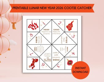 Printable Lunar New Year Cootie Catcher, Chinese New Year Fortune Teller Game, Year of the Horse, Lunar New Year 2026, Lunar New Year Games