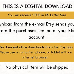 Puede incluir: Gr&aacute;fico de informaci&oacute;n de descarga digital con texto sobre un fondo blanco. El texto incluye instrucciones para descargar un archivo PDF en tama&ntilde;o US Letter desde Etsy. Tambi&eacute;n indica que no se enviar&aacute; ning&uacute;n art&iacute;culo f&iacute;sico.