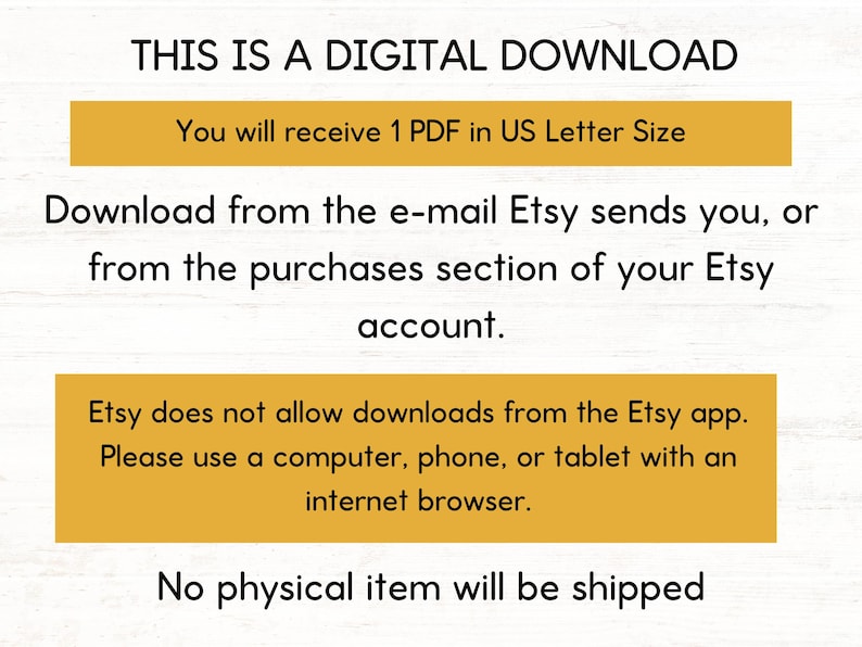 Puede incluir: Gr&aacute;fico de informaci&oacute;n de descarga digital con texto sobre un fondo blanco. El texto incluye instrucciones para descargar un archivo PDF en tama&ntilde;o US Letter desde Etsy. Tambi&eacute;n indica que no se enviar&aacute; ning&uacute;n art&iacute;culo f&iacute;sico.