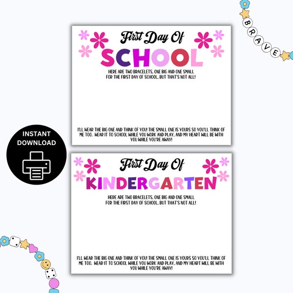 First Day Of School Bracelet Poem, Printable Bracelet Backing Card, First Day Of Kindergarten, Matching Bracelet Cards, Back To School Poem