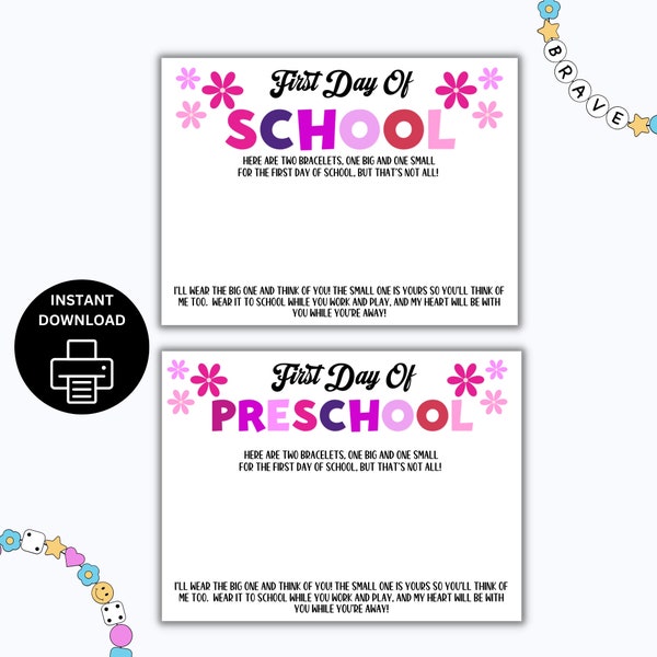 First Day Of School Bracelet Poem, Printable Bracelet Backing Card, First Day Of Preschool, Matching Bracelet Cards, Back To School Poem