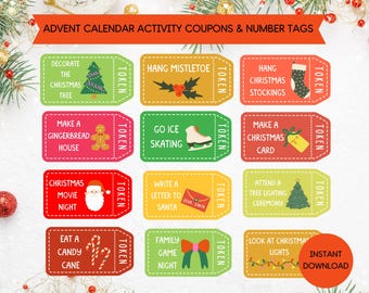 May include: Twelve colorful Christmas-themed activity coupons with illustrations and the word "TOKEN" on each.  The coupons include activities like "Decorate the Christmas Tree", "Make a Gingerbread House", "Go Ice Skating", "Write a Letter to Santa", "Eat a Candy Cane", and "Family Game Night".
