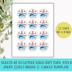 You'll receive two sheets of US letter-sized gift tags. One sheet fits on Avery 22807 round 2" labels template. There are 12 tags to a page.