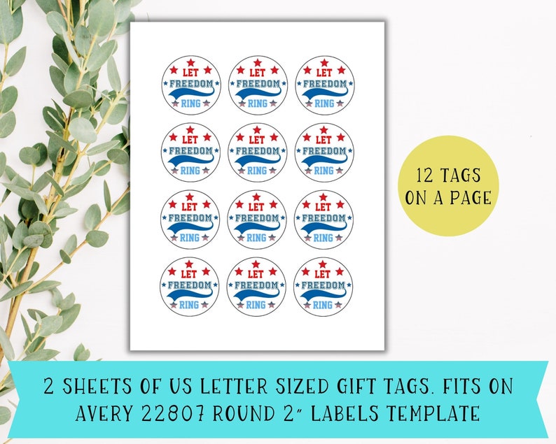 You'll receive two sheets of US letter-sized gift tags. One sheet fits on Avery 22807 round 2" labels template. There are 12 tags to a page.