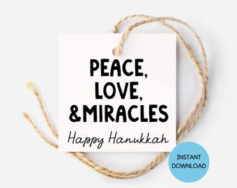 Hanukkah Peace Love & Miracles Gift Tag Printable, Minimalist Hanukkah, Hanukkah Printable, Hanukkah Gift Tag, Hanukkah Favor Tag, Chanukah