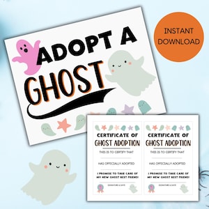 Könnte beinhalten: Druckbarer "Adoptiere einen Geist"-Schild mit niedlichen Geisterillustrationen. Zwei druckbare Geisteradoptionszertifikate mit Platz für eine Unterschrift und ein Datum.