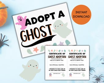 Puede incluir: Señal imprimible "Adopta un fantasma" con lindas ilustraciones de fantasmas. Dos certificados de adopción de fantasmas imprimibles con espacio para una firma y fecha.