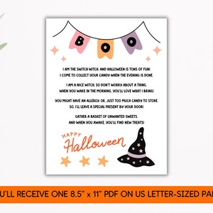You'll receive one 8.5" x 11" PDF on US letter-sized paper. The PDF is non-editable and is a letter from the Switch Witch for children on Halloween night. Children with food allergies can trade in their candy for a special treat from the Switch Witch.