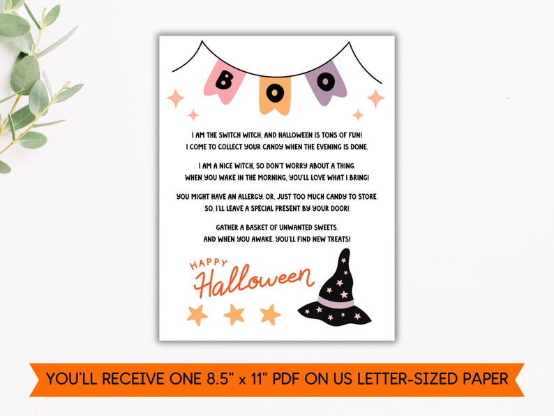 You'll receive one 8.5" x 11" PDF on US letter-sized paper. The PDF is non-editable and is a letter from the Switch Witch for children on Halloween night. Children with food allergies can trade in their candy for a special treat from the Switch Witch.