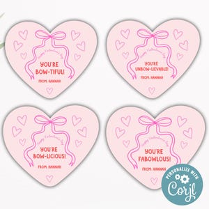 Tarjetas de San Valentín imprimibles con lazo rosa para adolescentes y preadolescentes, San Valentín femenino editable, San Valentín coqueto, San Valentín para clases, San Valentín para preadolescentes