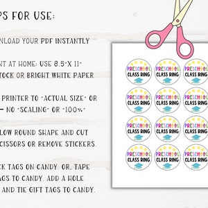 May include: Printable 8.5 x 11 inch sheet of 12 round preschool class ring gift tags. The tags are yellow with colorful stars, a blue graduation cap, and the text "Preschool Class Ring".