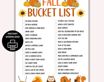 Puede incluir: Una lista de deseos de otoño para imprimir con una lista de verificación de actividades para hacer en otoño, como ir a recoger manzanas, asistir a un festival de otoño y hacer compota de manzana casera. La lista está decorada con ilustraciones de temática otoñal, incluyendo calabazas, girasoles, un búho, un suéter y una ardilla.