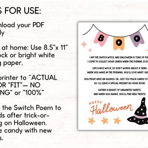 Puede incluir: Impresi&oacute;n de Halloween con un poema sobre una bruja intercambiando caramelos. El dise&ntilde;o incluye un sombrero de bruja y las palabras "Happy Halloween". Se incluyen instrucciones para imprimir el PDF en cartulina.