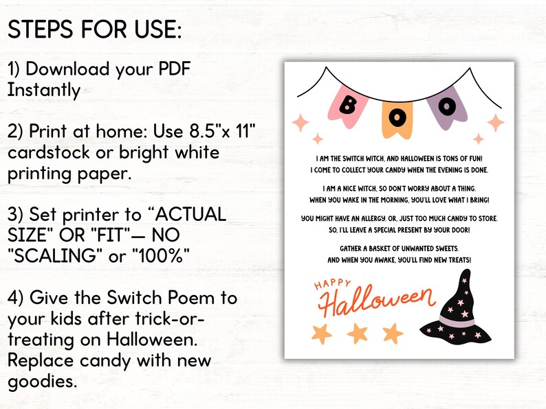 Puede incluir: Impresi&oacute;n de Halloween con un poema sobre una bruja intercambiando caramelos. El dise&ntilde;o incluye un sombrero de bruja y las palabras "Happy Halloween". Se incluyen instrucciones para imprimir el PDF en cartulina.