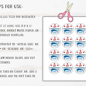 May include: Printable 8.5 x 11 inch sheet of 12 round "Let Freedom Ring" patriotic stickers. The stickers are red, white, and blue with a blue star and a red star on each side of the text.