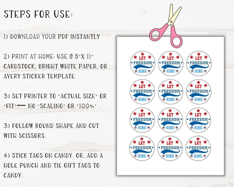 May include: Printable 8.5 x 11 inch sheet of 12 round "Let Freedom Ring" patriotic stickers. The stickers are red, white, and blue with a blue star and a red star on each side of the text.