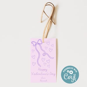 Etiqueta de Dia dos Namorados com laço roxo, Dia dos Namorados Coquette editável, Dia dos Namorados com laço elegante para impressão, Dia dos Namorados para pré-adolescentes, Dia das Galentines, Dia dos Namorados para adolescentes