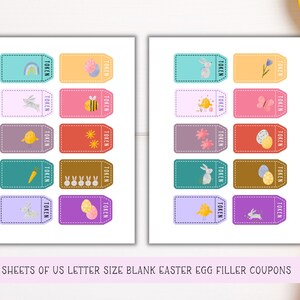 2 sheets of US letter size blank Easter egg filler coupons. Coupons are pastel with Easter graphics. They are left blank so you can fill them in yourself.