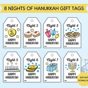 8 Nights of Chanukka Geschenkanhänger zum Ausdrucken, Chanukka zum Ausdrucken, Happy Chanukka, Menorah, Dreidel, Chanukka Geschenkanhänger, Chanukka Geschenkanhänger