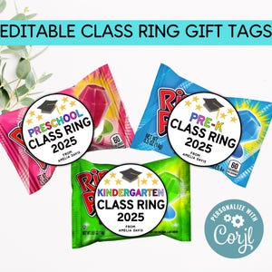 Etichette regalo o adesivi modificabili per anelli di classe per scuola materna, asilo, scuola materna e scuola media, etichette di laurea, anelli di classe stampabili