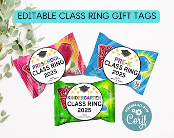 Editable Kindergarten, Preschool, PreK, Middle School Graduation Class Ring Gift Tags Or Stickers, Graduation Tags, Class Ring Printable