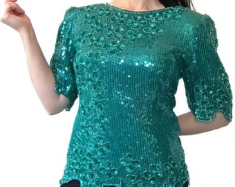 Scala Vintage Deadstock Grön Paljett Sidenblus Storlek Medium