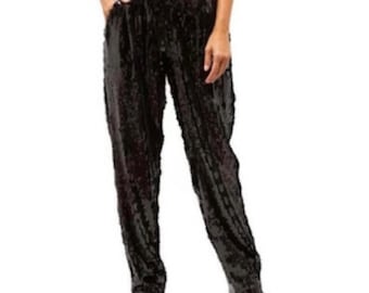 Vintage zwarte broek met rechte pijpen en pailletten, maat XL