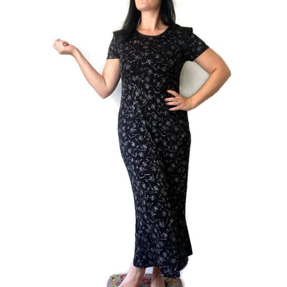 Vintage 90s Molly Malloy Black Martini Cocktail Print Maxi Dress Size 8
