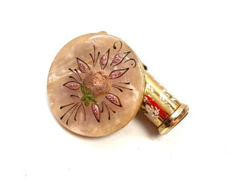 Vintage 1950s Coty New York Lipstick & Mirror Floral Set Orange Sunset