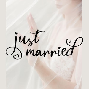 May include: A soft, romantic image featuring the words "just married" in elegant black script. The text is overlaid on a blurred background of a person wearing a white dress and veil, with a hand gently touching the veil.