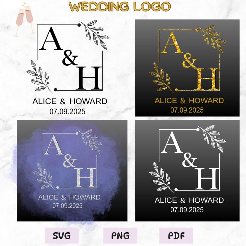 Minimalist Wedding Monogram Logo: Square Floral Design (SVG, PNG, PDF ...