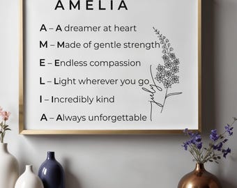 Custom Acrostic Name Poem, Birth Flower Print, Personalized Name Meaning Gift, Minimal Nursery Decor