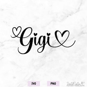 May include: Black cursive text that reads "Gigi" with heart-shaped accents. The word "Gigi" is in a stylish script font, with hearts replacing the dots above the "i"s and at the end of the word. The background is a marble pattern.