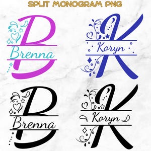 Könnte beinhalten: Vier geteilte Monogramm-Designs mit einem dekorativen Schwung. Zwei Designs zeigen den Buchstaben B mit dem Namen Brenna, und zwei Designs zeigen den Buchstaben K mit dem Namen Karyn.