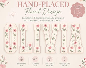 Nombre floral personalizado en formato SVG y PNG, letra floral colocada a mano, diseño de palabra personalizada.