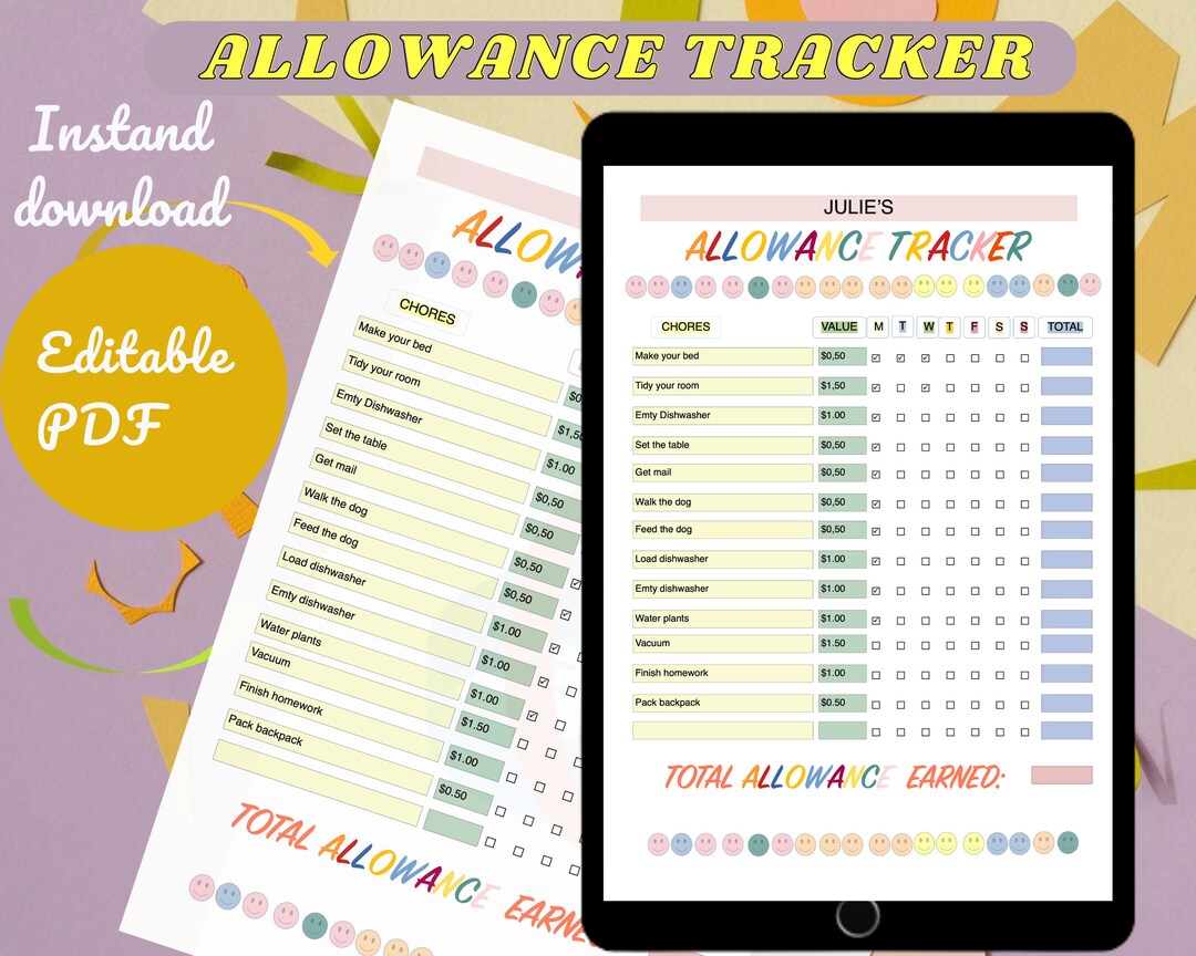 Editable Allowance Chart for Kids and Teens, Allowance Tracker