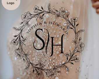 Logotipo floral personalizado para boda, monograma elegante con las iniciales de la pareja (SVG, PNG)