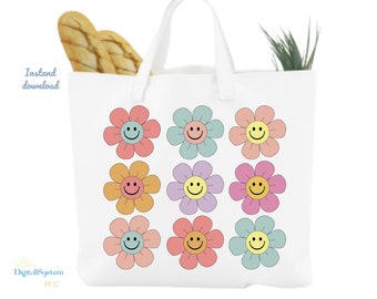Retro Flower Tote Bag Design: Colorful Floral SVG PNG (Digital Download)